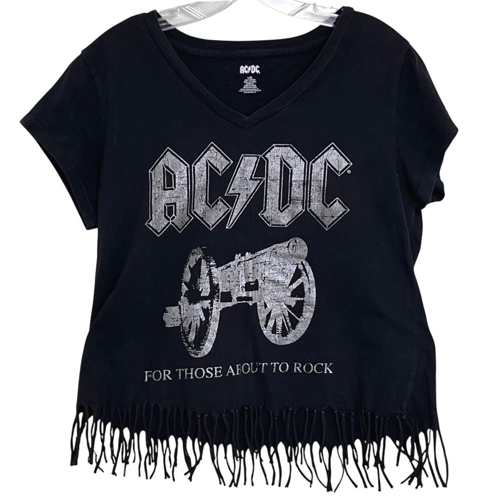 AC/DC Women Crop T-Shirt L Black For Those About To Rock Fringe Graphic Band Tee